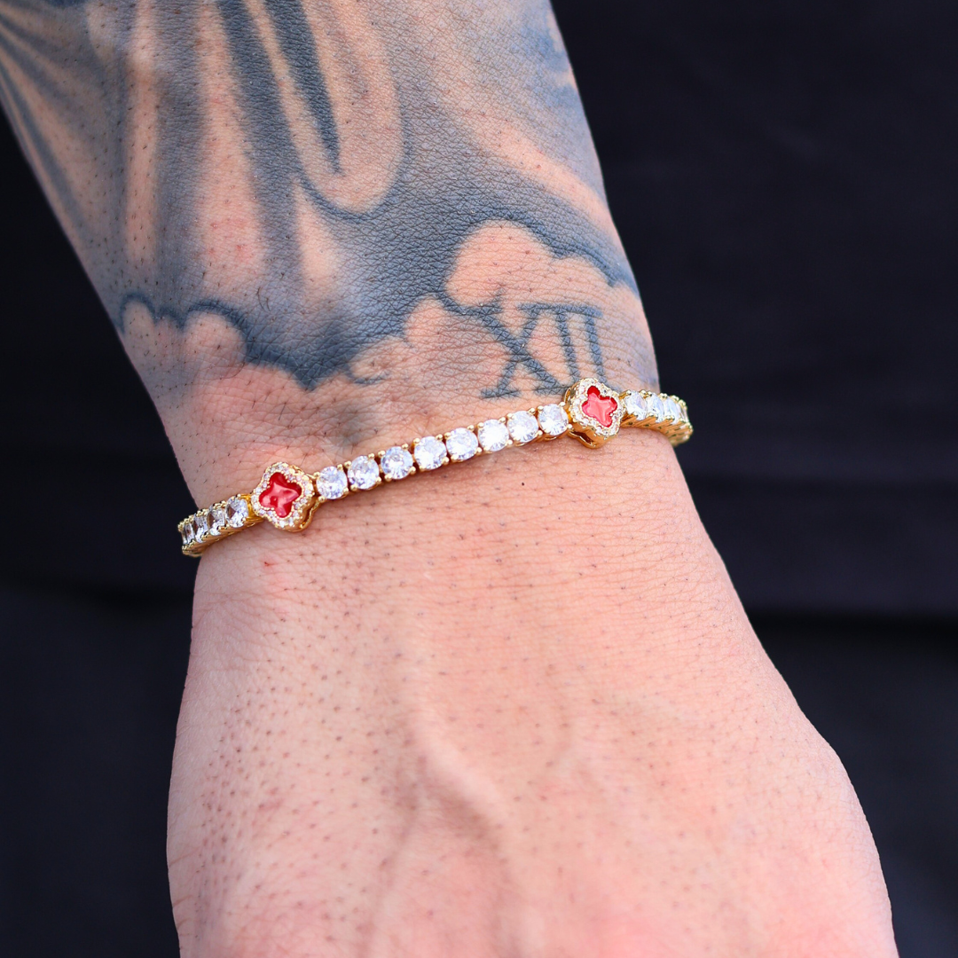 Red Clover Tennis Chain + Bracelet (Gold) - 4mm