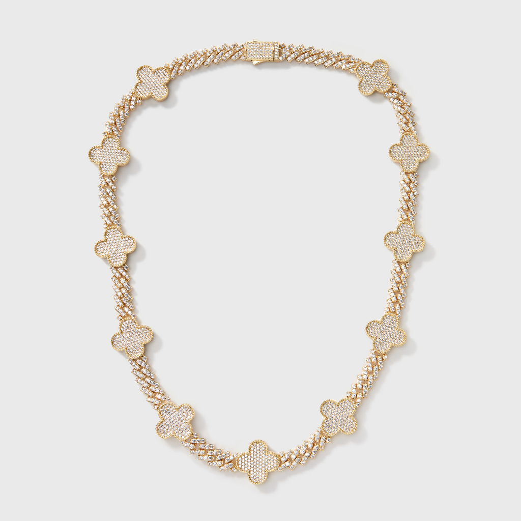Clover Iced Prong Cuban Chain (Gold) - 8mm