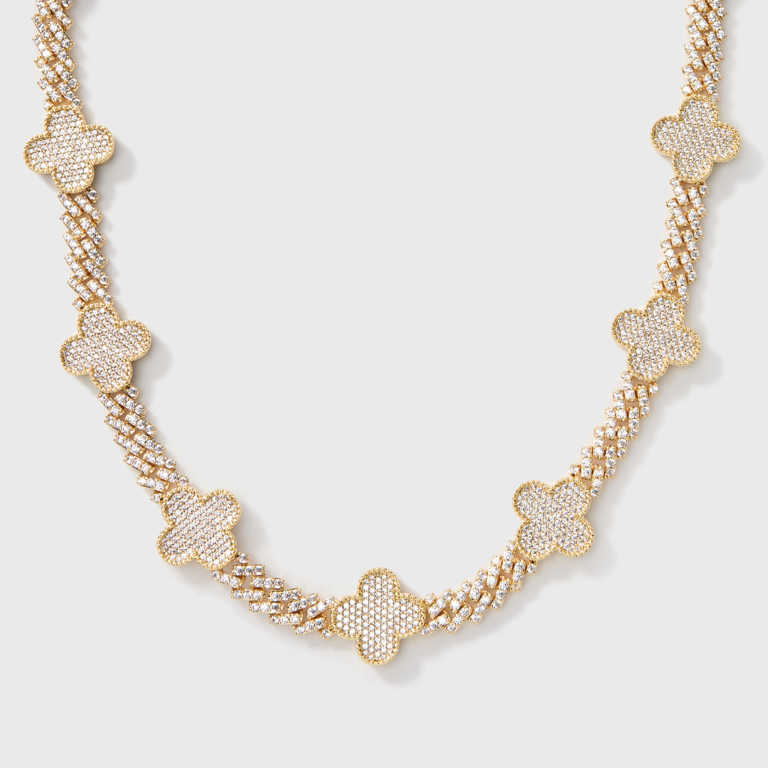 Clover Iced Prong Cuban Chain (Gold) - 8mm