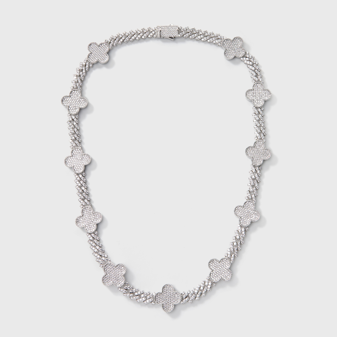 Clover Iced Prong Cuban Chain (Silver) - 8mm