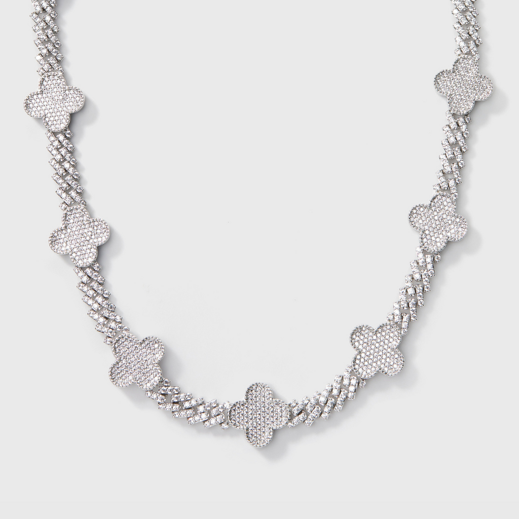 Clover Iced Prong Cuban Chain (Silver) - 8mm