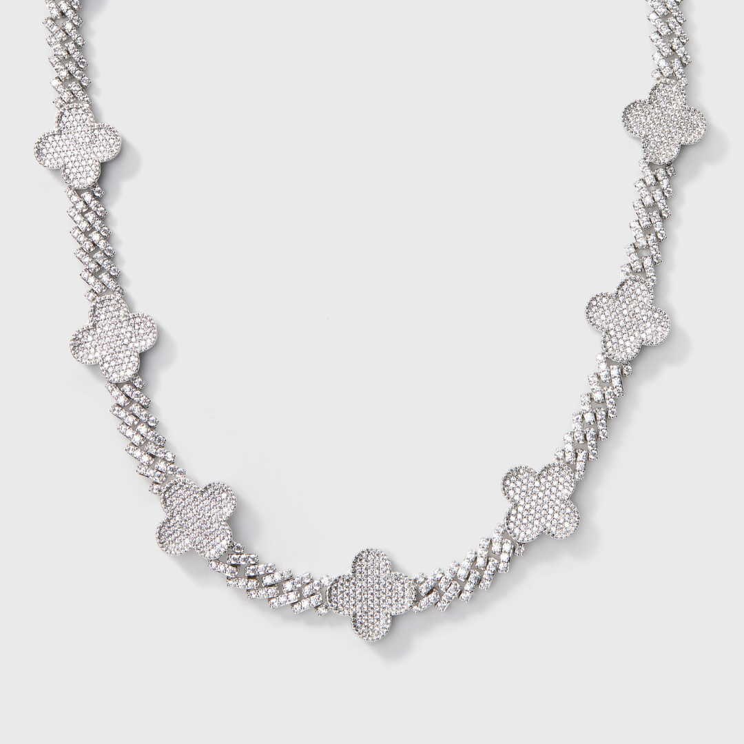 Clover Iced Prong Cuban Chain (Silver) - 8mm