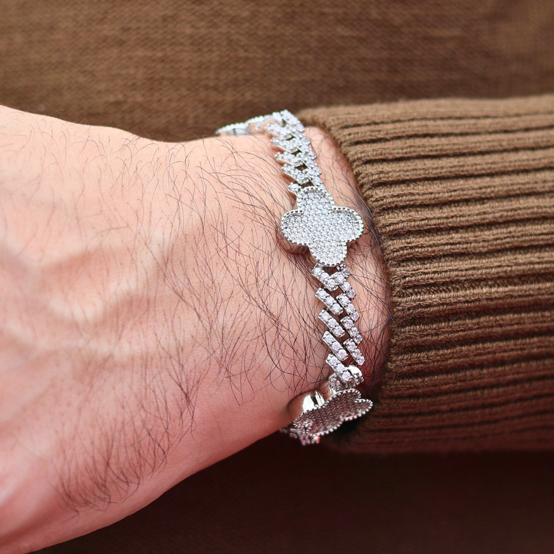 Clover Iced Prong Cuban Bracelet (Silver) - 8mm
