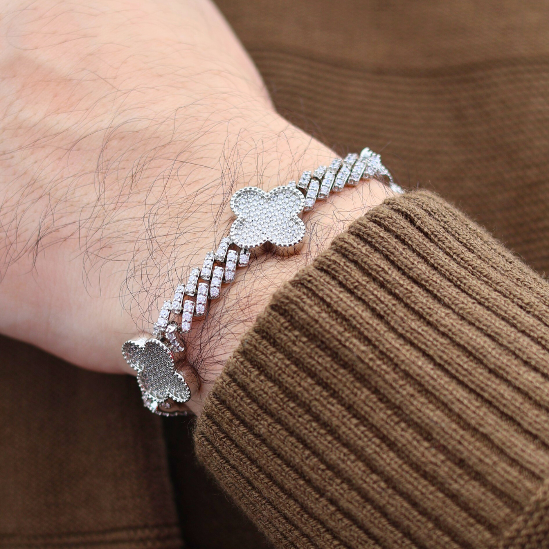Clover Iced Prong Cuban Bracelet (Silver) - 8mm