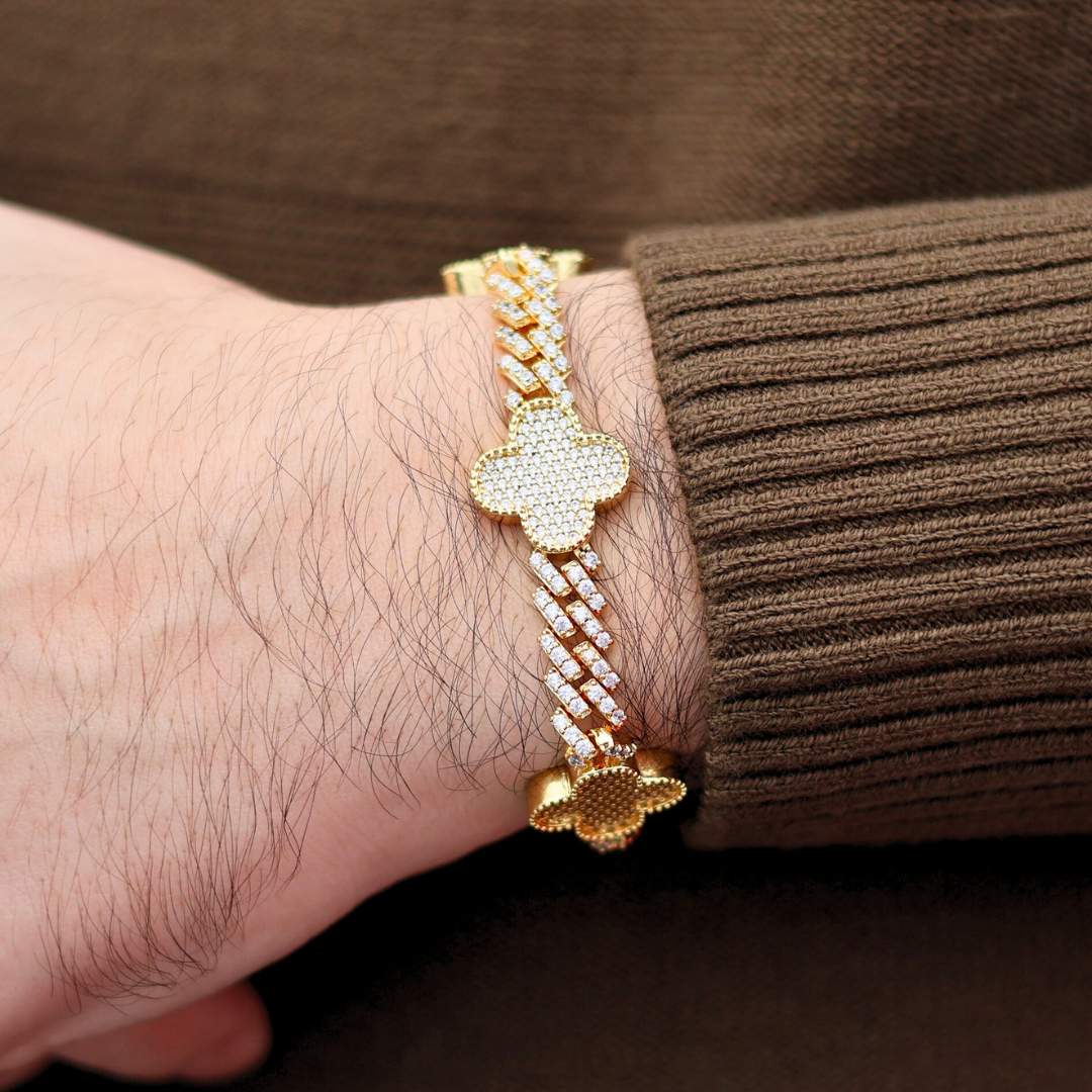 Clover Iced Prong Cuban Bracelet (Gold) - 8mm