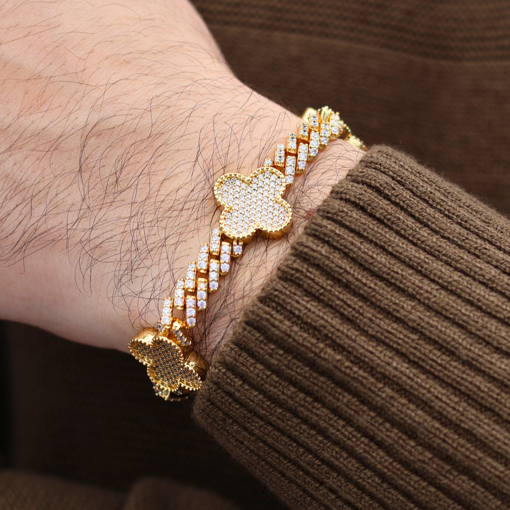 Clover Iced Prong Cuban Bracelet (Gold) - 8mm
