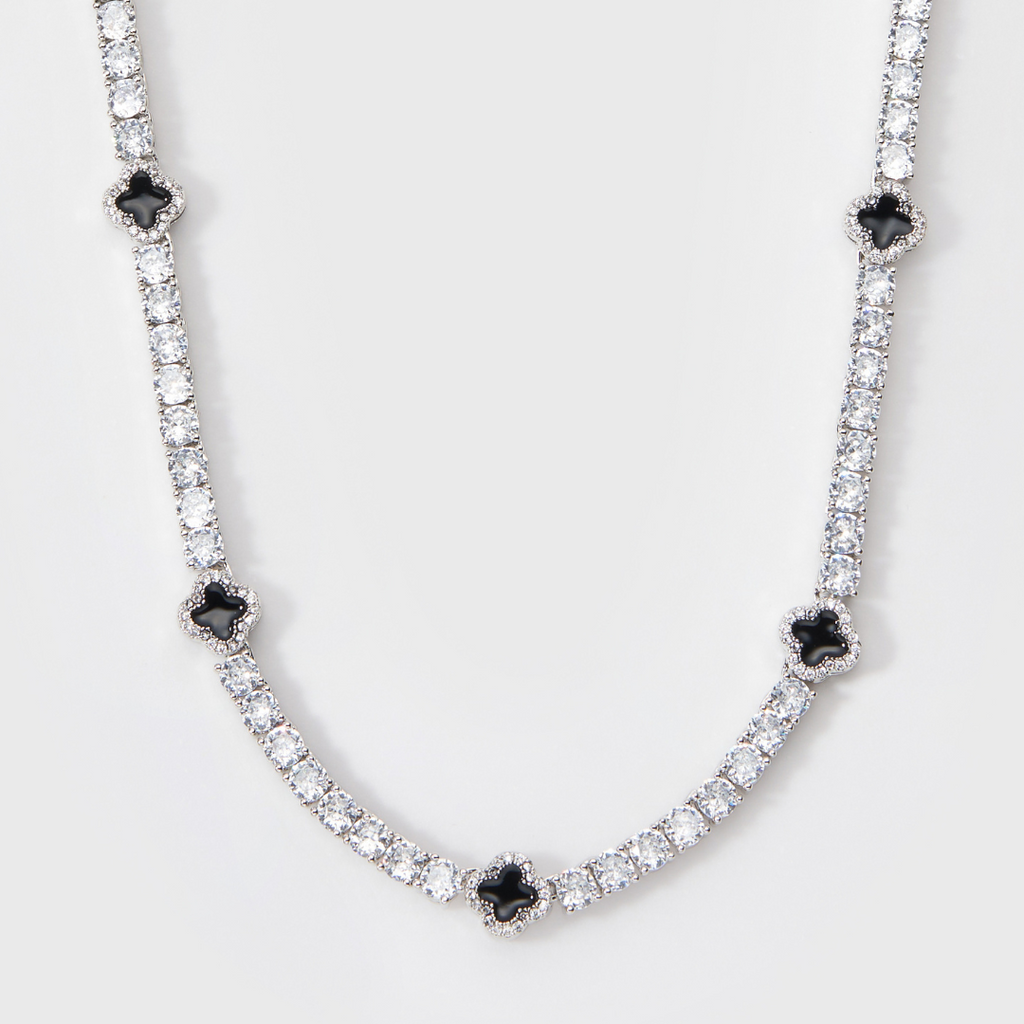 Black Clover Tennis Chain + Bracelet (Silver) - 4mm