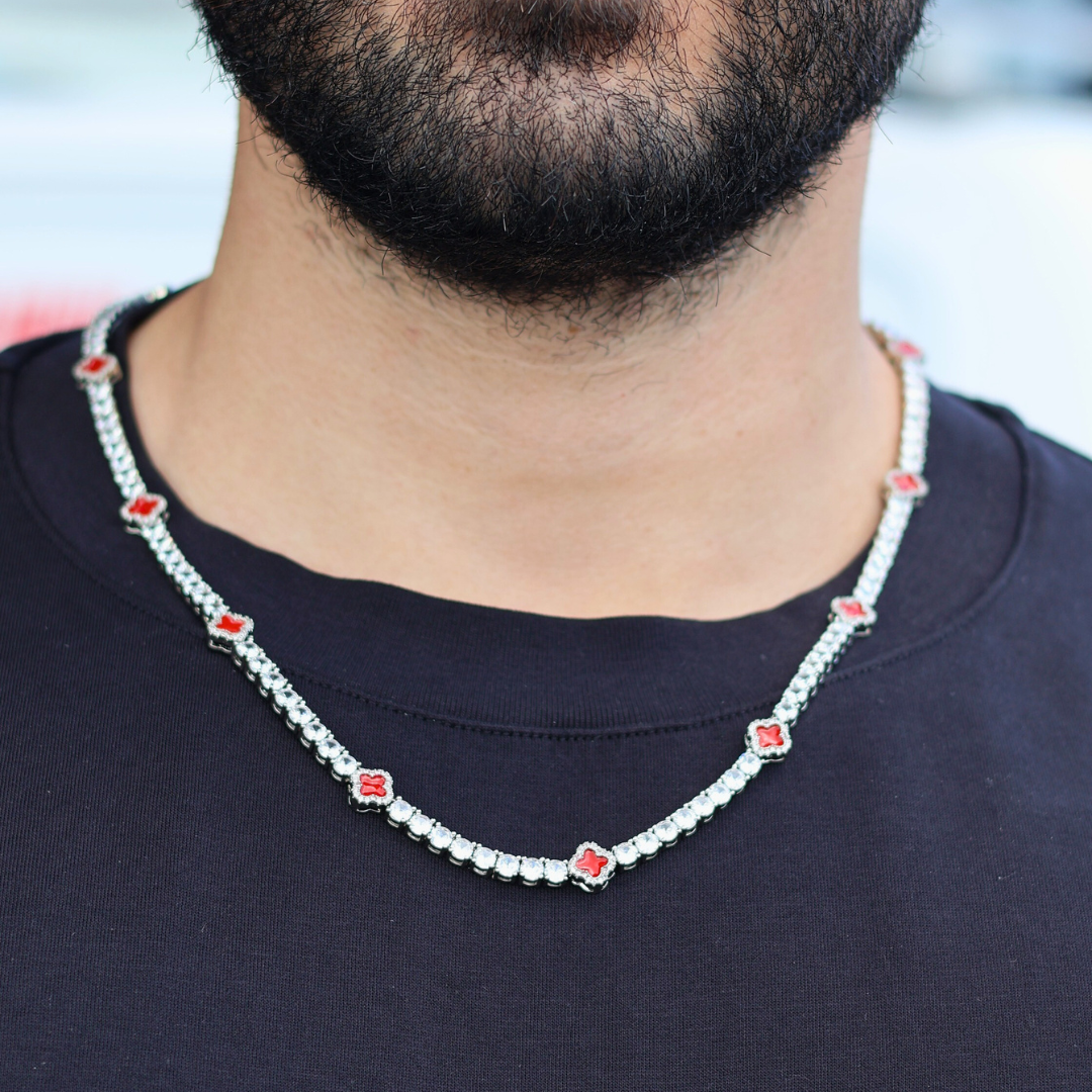 Red Clover Tennis Chain + Bracelet (Silver) - 4mm