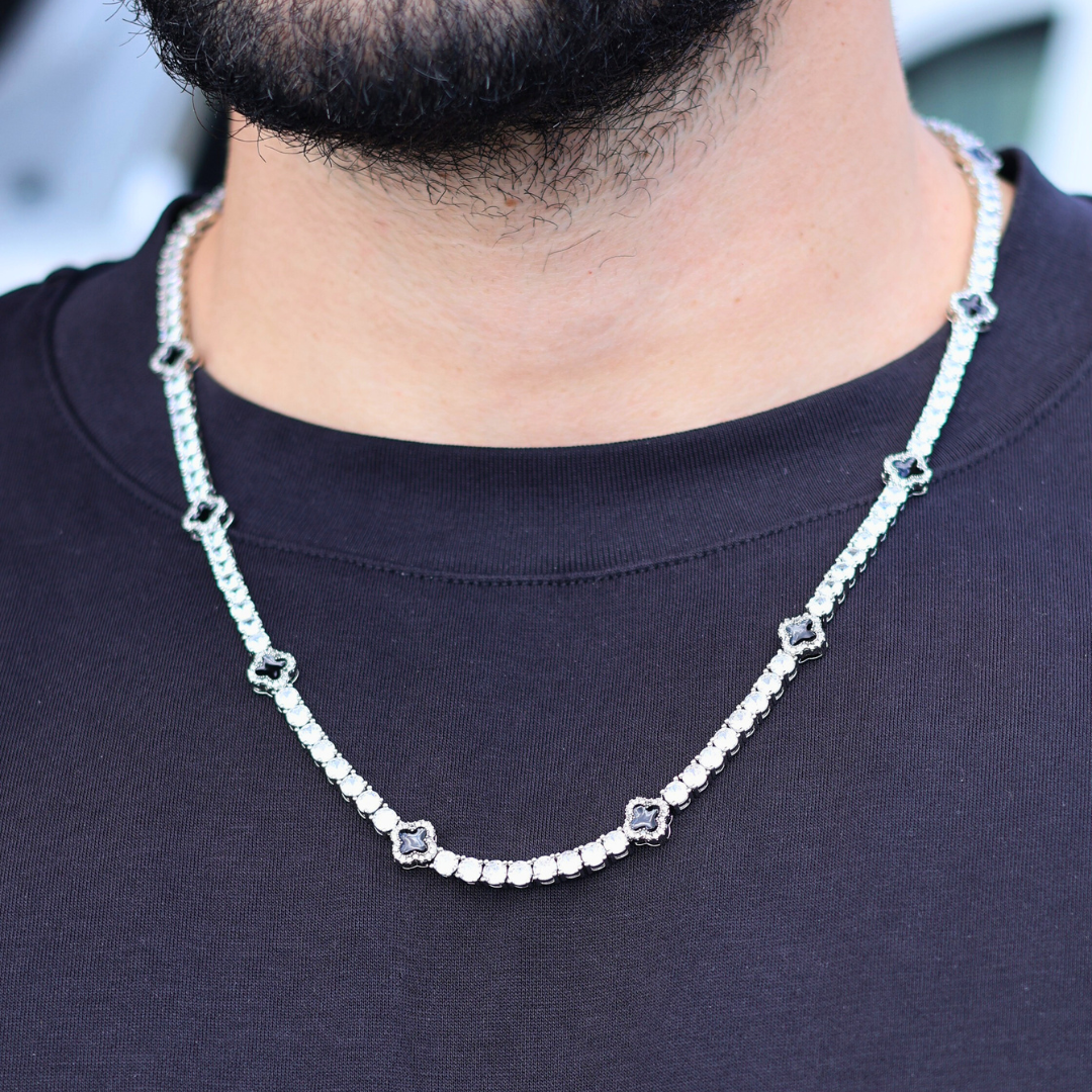 Black Clover Tennis Chain + Bracelet (Silver) - 4mm