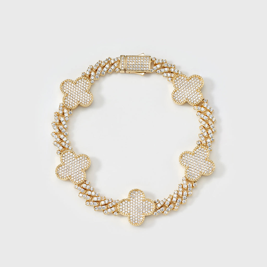 Clover Iced Prong Cuban Bracelet (Gold) - 8mm