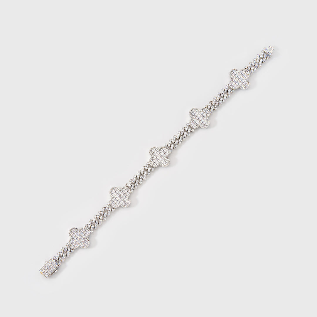 Clover Iced Prong Cuban Bracelet (Silver) - 8mm
