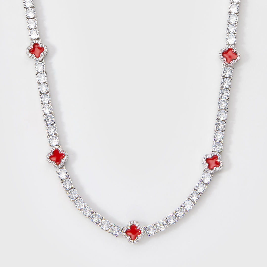 Red Clover Tennis Chain + Bracelet (Silver) - 4mm