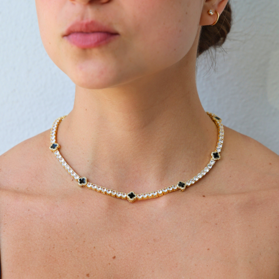 Women's Black Clover Tennis Chain (Gold) - 4mm