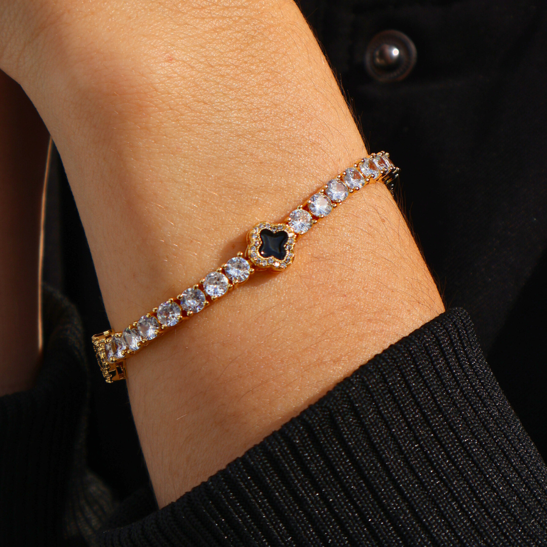 Women's Black Clover Tennis Bracelet (Gold) - 4mm
