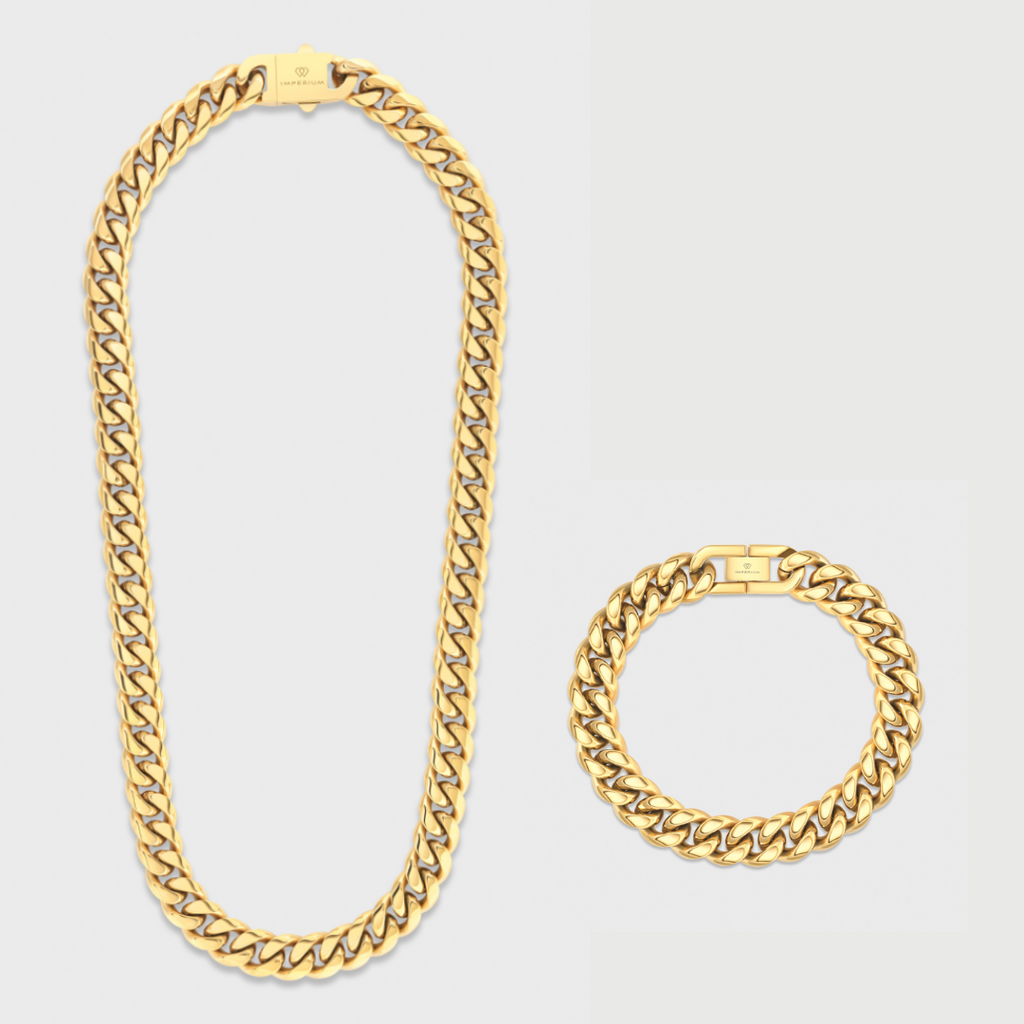 Cuban Link Chain + Bracelet (Gold) - 12mm
