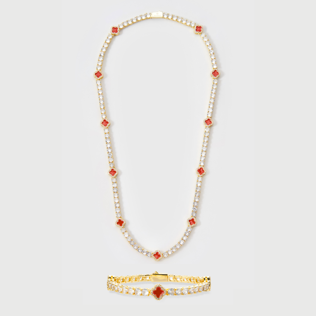 Red Clover Tennis Chain + Bracelet (Gold) - 4mm