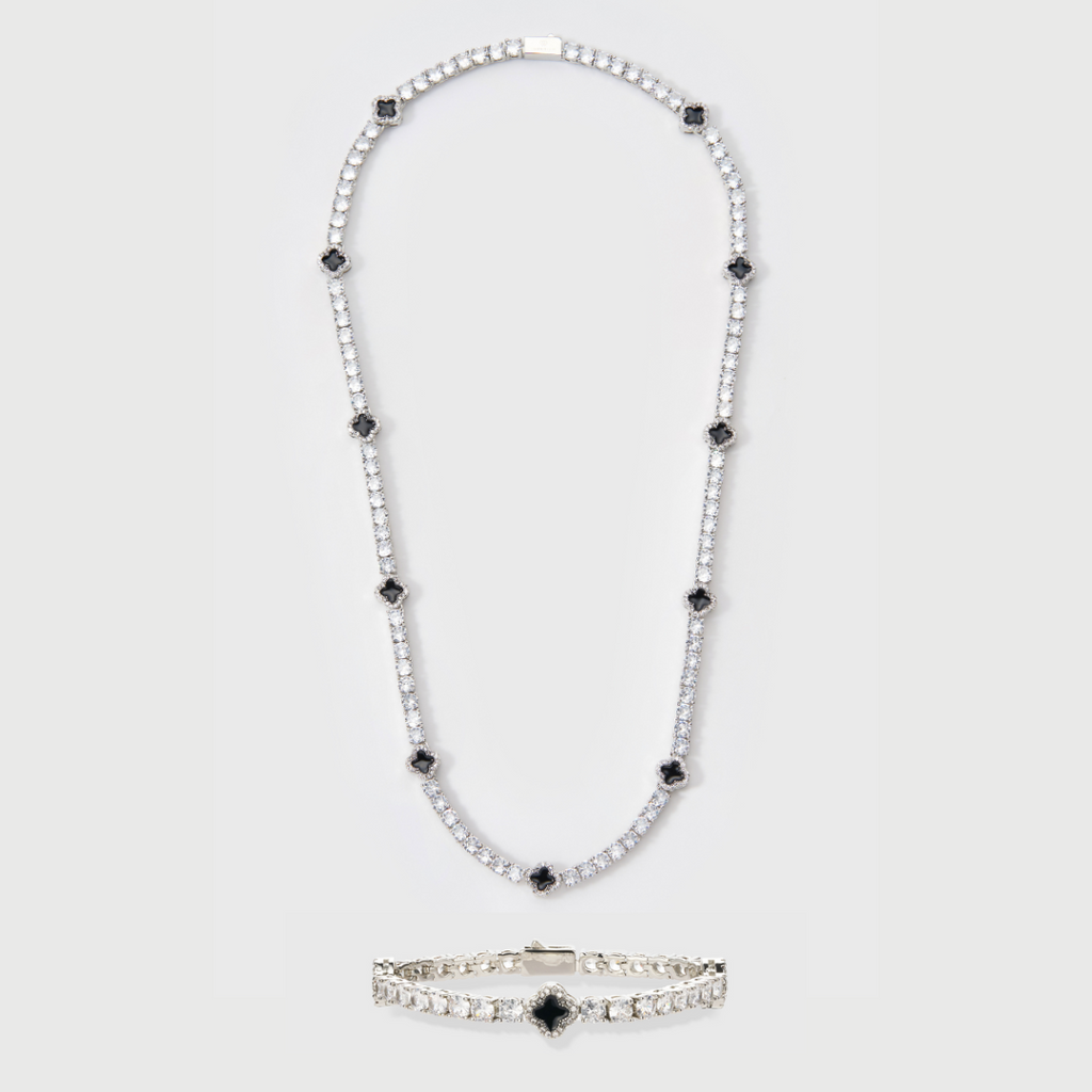 Black Clover Tennis Chain + Bracelet (Silver) - 4mm