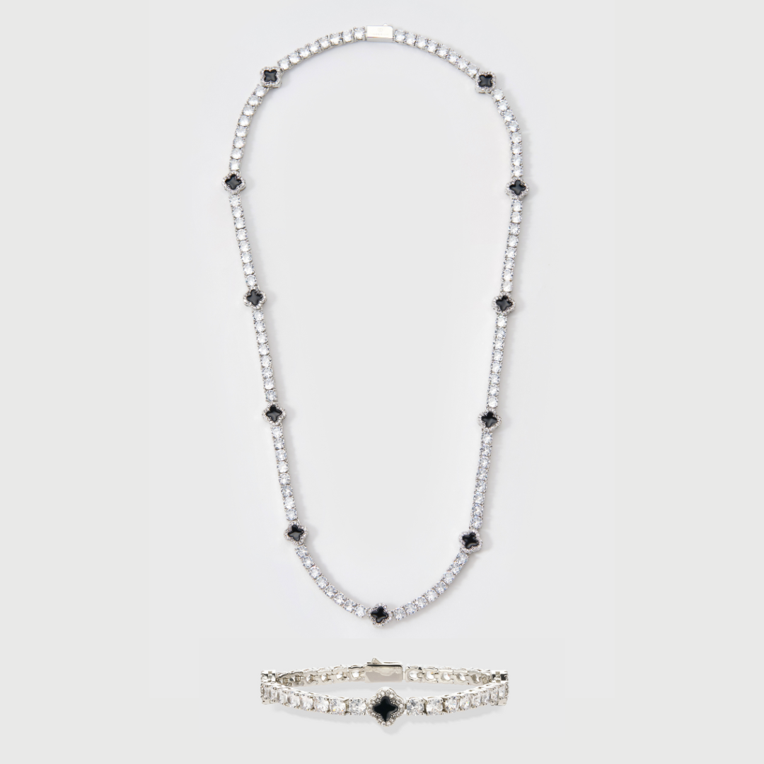 Black Clover Tennis Chain + Bracelet (Silver) - 4mm